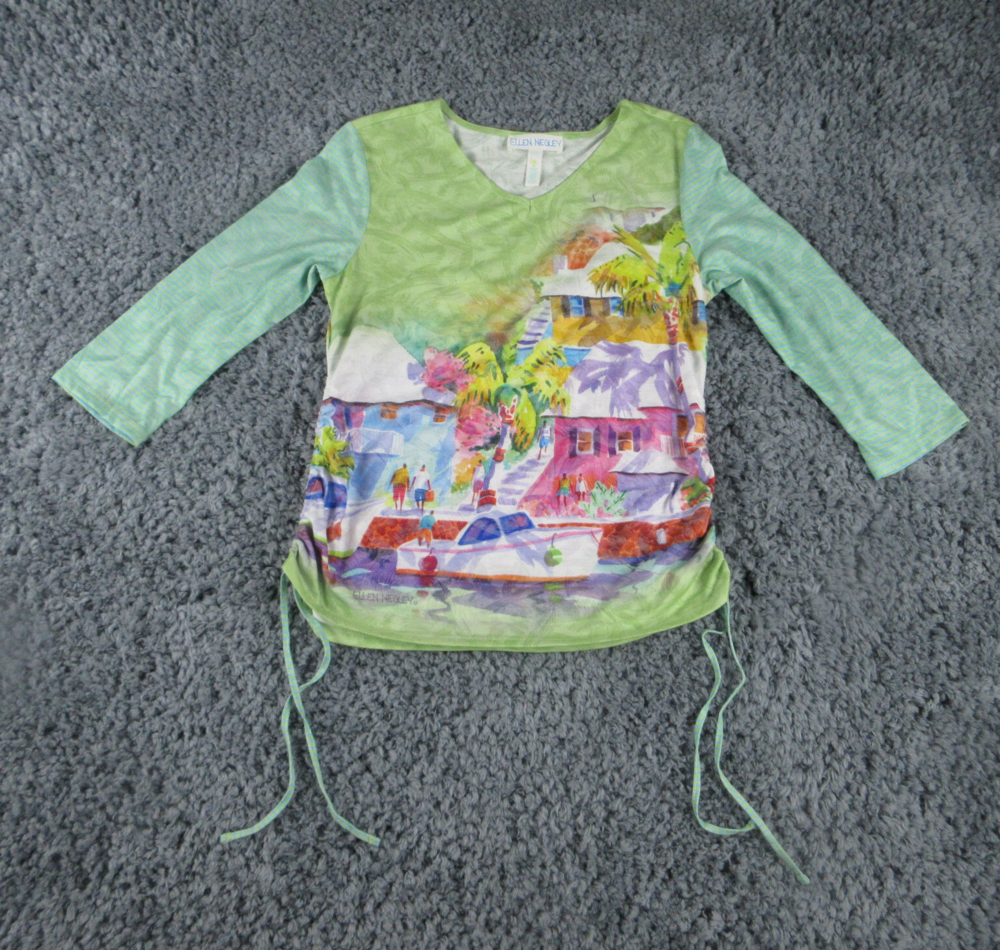 Ellen Negley Art & Sol Shirt Womens Medium Green Wearable Art Cinch Sides
